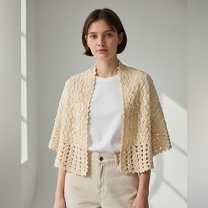Vintage Glentex 100% virgin wool handmade in Japan cream knit cape with pearls